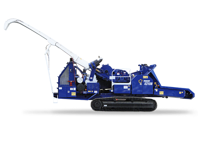 Peterson 4310B Drum Chipper animated to show the difference between a top load spout and and end load spout